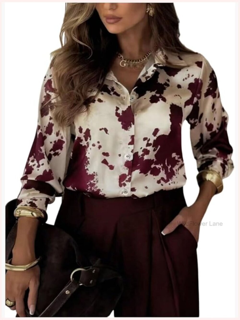 Cow Print Button Down Shirt Long Sleeve Collared Blouse Work Dressy Top
